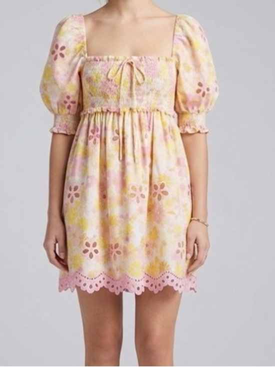 For Love And Lemons Dresses & Skirts - For Love And Lemons Pink and Yellow Floral Puff Sleeve Mini Dress
